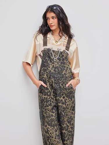 CIDER Overalls for Women Denim Leopard Pocket Buckle Up Wide Leg Jumpsuit: Tan, XL - Thumbnail 6