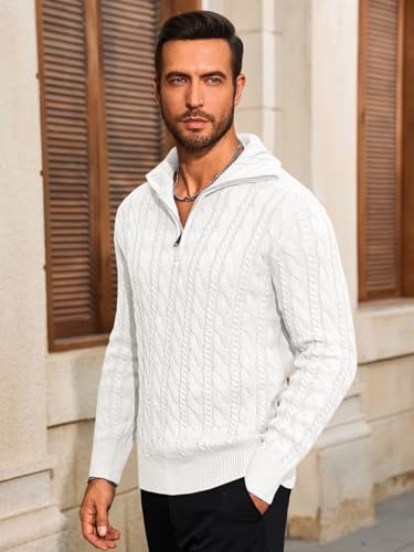 Yousify Mens Quarter-Zip Pullover Sweater Casual Mock Neck Cable Knitted Winter Warm Chunky Polo Sweaters3