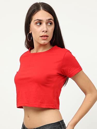 Image of FLEXIMAA Women's Cotton Plain Round Neck Half Sleeve Crop Top