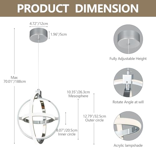 Image of Modern LED Pendant Light Chrome Pendant Lights 4000K Dimmable External Glow Height Adjustable Pendant Lighting for Kitchen Island Dining Room Bedroom Living Room Foyer(3-Ring)