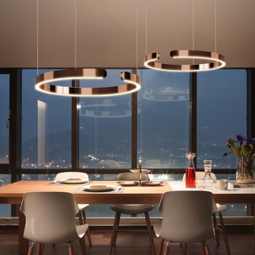 Lampada A Sospensione LED Tavolo Da Pranzo Moderno Lampadario Minimalista For Soggiorno Paralume In Alluminio Altezza Regolabile Anello Luminoso Lampada A Sospensione Oro Rosa(60+80cm)