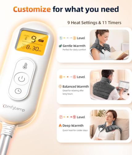 Image of Comfytemp Heating Pad for Neck and Shoulders and Back, 2.6lb Weighted Electric Heat Pad, Large Heated Wrap, 9 Heat Settings & 11 Timer, Birthday Gifts for Women Men Mom Dad, Gray