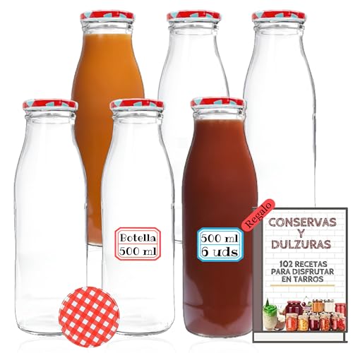 MundoTarros 6 Botellas de Cristal de 500 ml con Tapa de Rosca Hermética a Cuadros + Ebook de 102 Recetas - Botellas para Leche, Zumo, Batidos, Bebidas - Incluye Etiquetas