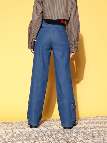 Image of Blue Hem Pocket Stretch Straight Jeans