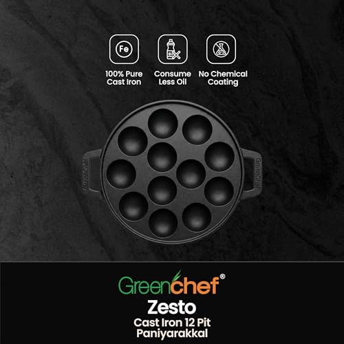 Image of GREENCHEF Pre-Seasoned Cast Iron Zesto Paniyarkkal 12 Pits 20 cm with Nonstick Coating