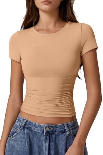 QINSEN Round Neck T Shirts for Women Short Sleeve Double Lined Going Out Shirts Side Ruched Slim Fit Crop Top Tan M