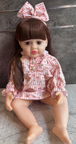 Image of Realistic Baby Doll with Pink Striped Floral Dress, Long Brown Hair, Soft Vinyl Body, 25cm Height, Movable Limbs, Matching Hair Bow
