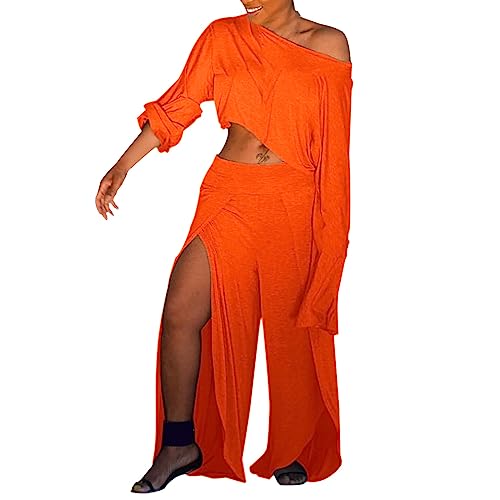 Women's Solid One Shoulder Long Sleeve Solid Casual Split Pants Fashion Set Suit Jacket Orange