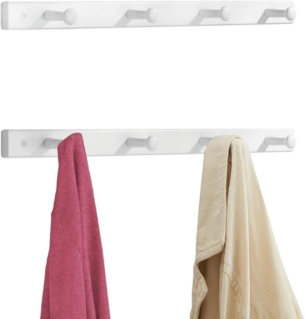 mDesign Wall Mounted Coat Rack Strip  Wooden Wall Hooks  Wall Hanger with 4 Coat Pegs  for Storage of Coats, Jackets, Scarves and Towels  White