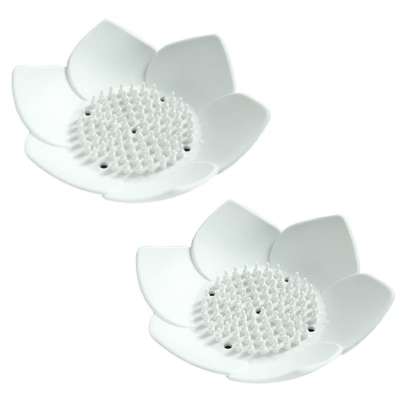 2 Pcs Silicone Soap Dish, Lotus Shape Soap Dish, Non-Slip Portable Shower Soap Holder Self Draining Soap Holder Dishwashing Brush Drainage Mat for Kitchen Bathroom, 12.5x12.5CM (White)