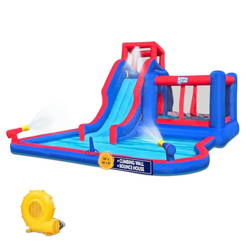 Sunny & Fun 2-in-1 Bounce & Blast Inflatable Water Slide Park – Heavy-Duty for Outdoor Fun - Climbing Wall, Slide, Bouncer & Splash Pool – Easy to Set Up, Included Air Pump & Carrying Case