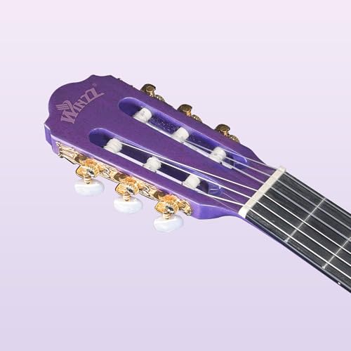 Image of WINZZ 4 /4 Classical Guitar, 39 Inch Full Size Nylon String Guitar for Beginner Adults, Full Classic Guitar Kit with Free Lessons, Gig Bag, Footstool, Capo, Tuner, Hanger and Strap (Glossy Purple)