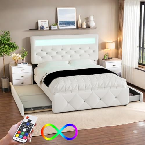 Sapgaks Lit 140x200 avec Sommier LED et 2 Tiroirs, Lit Coffre 140x200 avec Lit Gigogne 90x190 et...