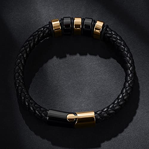 Ljwvx Black Genuine Leather Bracelet For Men Son Boys Braided Leather Cuff Wristband Gold And Black Stainless Steel Magnetic Clasp 8.5 Inches #TOP5