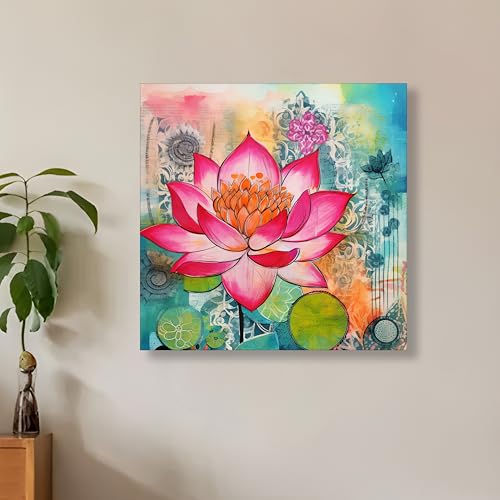 Image of PAINTINGMANTRA Multicolor Abstract Stretched Canvas Lotus Wall Art Painting for Living Room Bedroom Office - Pink Green Orange Gallery Wrap Frameless Canvas Wall Decor Painting (56x56 cm)
