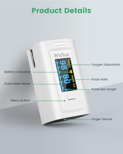 Image of Wellue Bluetooth Pulse Oximeter Fingertip, Blood Oxygen Saturation Monitor with Built-in Memory, OLED Screen, Batteries, Free APP, Carry Bag & Lanyard
