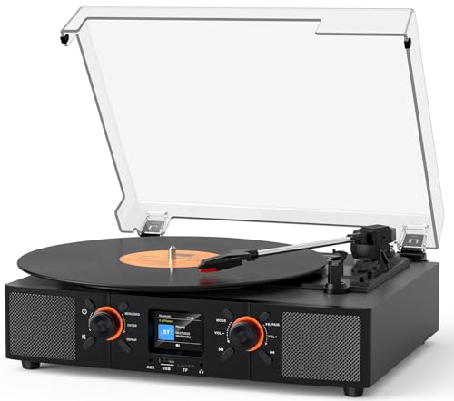 Tocadiscos de vinilo con altavoces integrados, tocadiscos Bluetooth de 3 velocidades con pantalla LCD, reproducción USB, reloj, RCA, AUX y conectores para auriculares, color gris