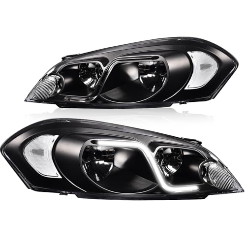 DOTCOM LED DRL Headlights Assembly Fit Chevy Monte Carlo 2006-2007/Impala 2006-2013/Impala Limited 2014-2016 Left Driver & Right Passenger Side Headlamp Clear Lens Black Housing Clear Reflector
