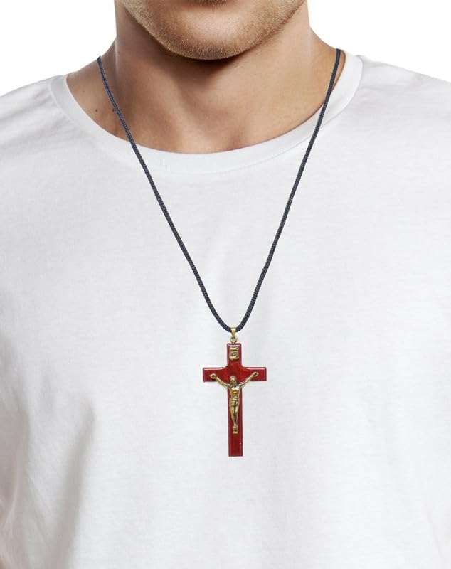 Catholica Shop Religious Wear Handcrafted Cherry Wood Corded Necklace Cross Pendant for Men and Women. Made in Brazil - 2.4 Inches3
