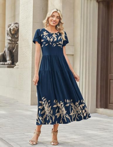 Image of Zeagoo Summer Dresses for Women 2026 Maxi Bohemian Floral Short Sleeve Long Dress Casual Flowy Tired Beach Sundress