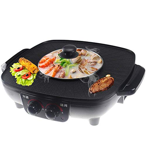 Korean Barbecue Hot Pot Double Pot One-Piece Electric Cooker Electric Hot Pot Electric Barbecue Electric Baking Pan 1700W [Energy Grade A],Black