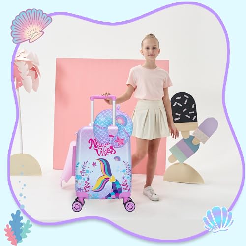 Image of Cute Mermaid Kid's Luggage Set 2 Piece Suitcase Set 16 inch Hardside Luggage with Spinner Wheels Girls Carry on Toddler Travel Rolling Luggage Airline Approved