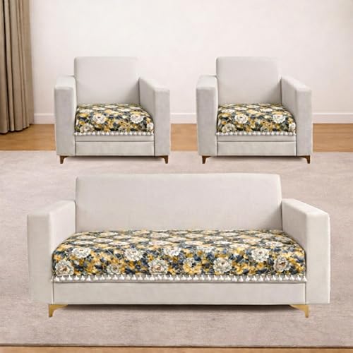 Image of Homerz Premium Printed Quilted Velvet Sofa Slip Cover Protector with Tassels, Sofa Mat, Exact Size, Antislip Cover (Antique Garden, 5 (3+1+1) Seater, Half)