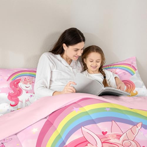 Image of Erosebridal Unicorn Girls Bedding Set Toddler | Kids Rainbow Unicorn Comforter Set Kawaii Cute Reversible Stars Butterfly Quilt Comforter Teens Children Adults Cartoon Room Decor All Season,2 Pcs
