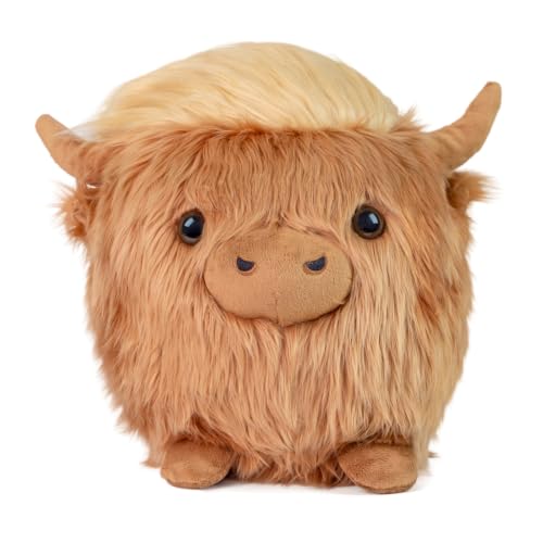 Image of Highland Cow Stuffed Animal, 14 inch Cute Scottish Cow Round Fluffy Pet Doll | Soft Farm Animal Plushie Pillow for Birthday Christmas Valentine's Day Home Decor