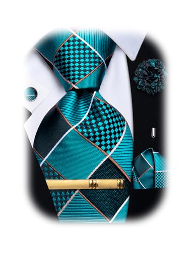 Image of YourTies Striped Plaid Ties for Men Silk Formal Necktie Set | 3.15 inch(8cm) Woven Jacquard Mens Ties with Necktie Pocket Square Cufflink Tie Clip Lapel Pin for Wedding Business Party