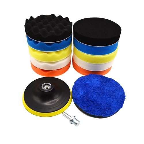 BLINGOBLING 12Pcs 7inch Foam Buffing Polishing Pads Kit, with Coral Fleece Pad, Backing Plate, M14 Drill Adapter, Car Buffing Kit for Car Polishing, Waxing, Sealing Glaze (12Pcs-7inch)
