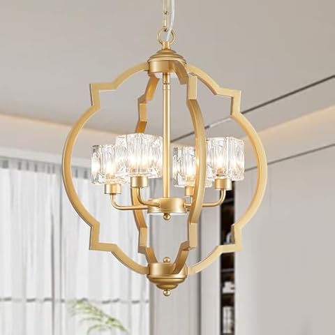 Majhoiw Modern Chandelier 17.7" Gold Light Fixtures, 4-Light Chandeliers for Dining Room Over Table Rustic Farmhouse Pendant Lighting for Living Room Kitchen Island Bedroom Foyer Cover