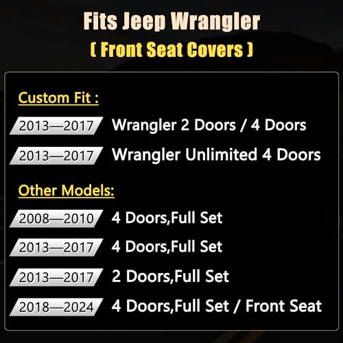 Image of GIANT PANDA Front Jeep Wrangler 2 /4 Door JK 2013-2017 Car Seat Covers for Sahara Sport Rubicon Unlimited Altitude, Customized Faux Leather - (Black)