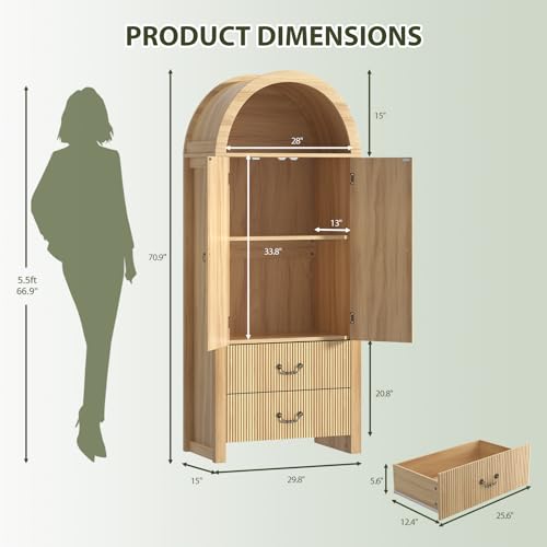 Image of FURSUN 71 inch Arched Storage Cabinet with Fluted Doors, Tall Wood Pantry Cabinet with Drawers & Adjustable Shelves, Modern Coffee Bar Cabinet, Natural Oak