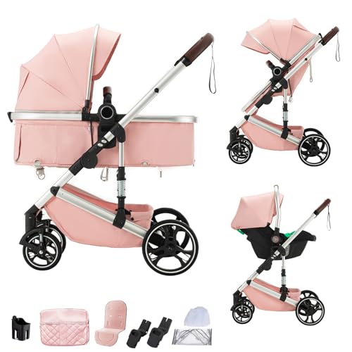 BEBBY Carrito Bebe 3 en 1, Cochecitos Combinados Portátil Plegable，3 Piezas Empuje Bidireccional Reversible, Cochecito Bebe Marco de Aleación Aluminio (H9 PINK, H9)