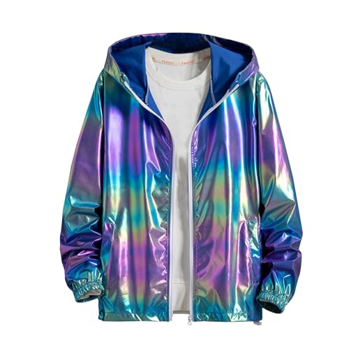Sdeycui Men's Colorful Reflective Coat High Visibility Holographic Hoodie Jacket