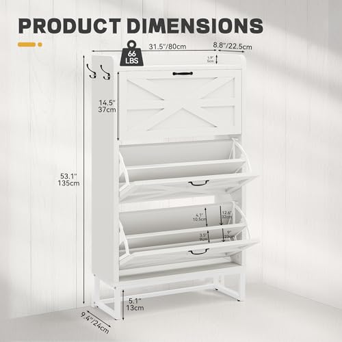 DWVO Shoe Storage Cabinet Narrow Shoe Rack with 3 Flip Drawers Shoe Organizer for 24 Pairs of Shoes for Entryway, Hallway, Living Room (White)