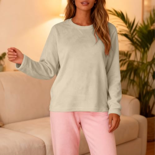 Flannel Pajama Tops for Women Fleece Long Sleeve Sleep Loungewear Khaki - image 3