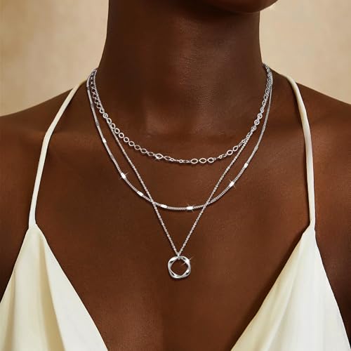 Layered Gold Necklaces for Women Trendy 14K Gold Plated Necklace Stack Non Tarnish Stackable Paperclip Cuba Link Chain Circle Pendant Necklaces Christmas Stocking Stuffers Gifts Trendy Stuff3