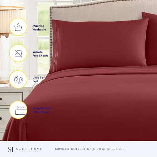 Split King Sheets - Breathable Luxury Sheets with Full Elastic & Secure Corner Straps Built In - 1800 Supreme Collection Extra Soft Deep Pocket Bedding Set, Sheet Set, Split King Size, Burgundy