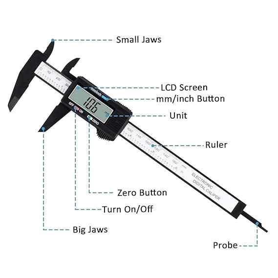 Image of digital vernier calipers with large LCD screen electronic vernier caliper thickness measuring Tool 0-6 in /0-150 mm auto off featured (plastic caliper)
