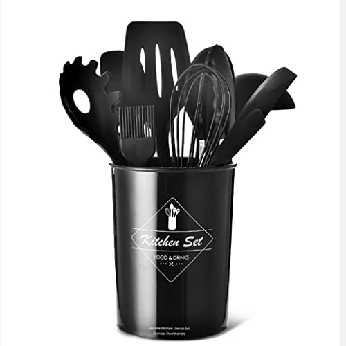 DSHGDJF Cubiertos de silicona Cubo de almacenamiento Juego de 11 Sartén antiadherente Cuchara Espátula Cepillo Herramientas de cocina Utensilios de cocina multifuncionales (Color : A)