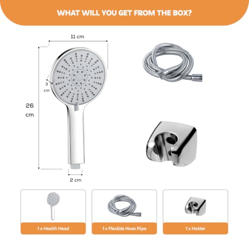 Image of Amazon Basics 5 Function Hand Shower for Bath with 1m Tube & Wall Hook | Anti-Clog Silicone Nozzels with High Pressure | Handshower for Bathroom | Silver- Full Set