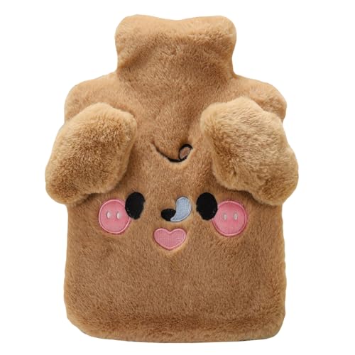 Bolsa de agua caliente con funda de 2 litros, a prueba de fugas, gran apertura, suave, extraíble, funda lavable para perros, PVC, interior de 12 horas, para niños y adultos (marrón)