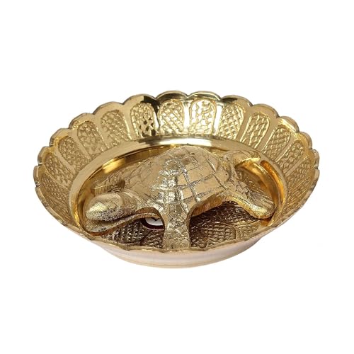 Image of Pure Brass Turtle Figurine on Decorative Plate, Gold, Vastu Feng Shui Tortoise with Patterned Tray