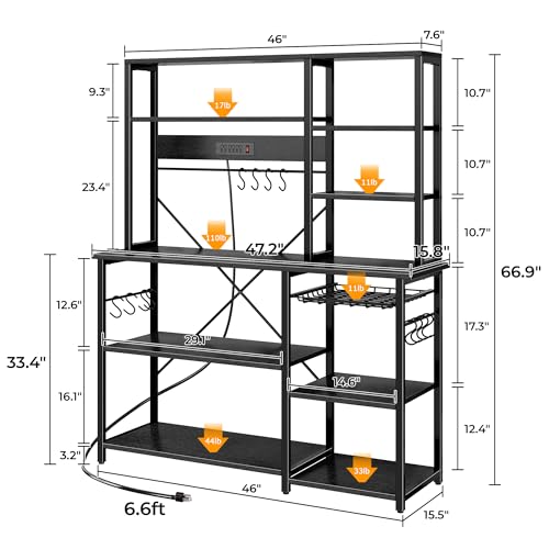 Image of SUPERJARE Larger Bakers Rack with Power Outlets, 6-Tier Microwave Stand, Coffee Bar with 12 S-Shaped Hooks, Kitchen Shelf with Wire Basket, 47.2 x 15.5X 66.9 Inches, Black