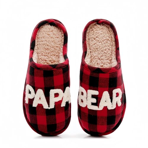 MOLITASSE Christmas Couple Slippers Mama Papa Bear Design Buffalo Plaid Plush House Shoes Warm Fuzzy Memory Foam Non Slip Cozy Indoor Winter Gift For Women And Men