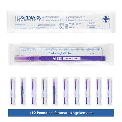AIESI® Stift Dermographie steriler für die haut mit feiner Spitze mit Lineal HOSPIMARK (Packung mit 10 Stück)