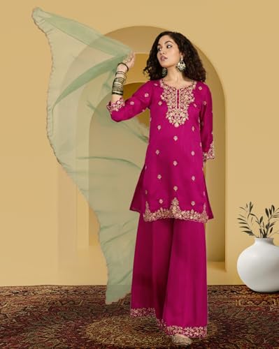 Image of Amazon Brand - Tavasya Women Vichitra Silk Zari Sequence Cording Embroidered Kurta Set | Kurta Set | Ethnic Wear