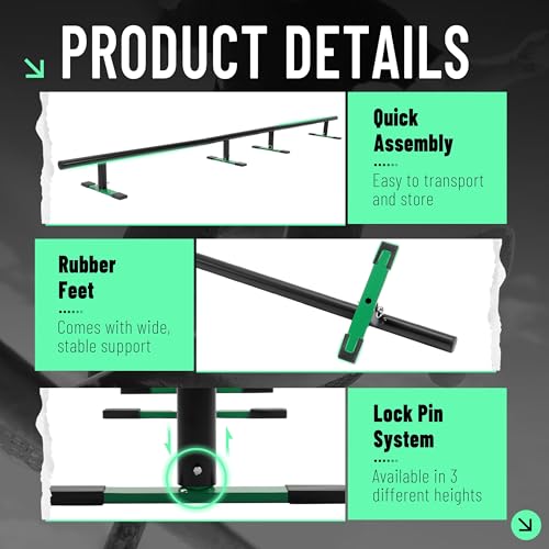 Gelacie 98.8\" Round Skate Rail for Skateboards, Scooters & Inline Skates, 3-Step Height Adjustable Grind Rail, HeavyDuty Skatepark for Skill Progression Green Color